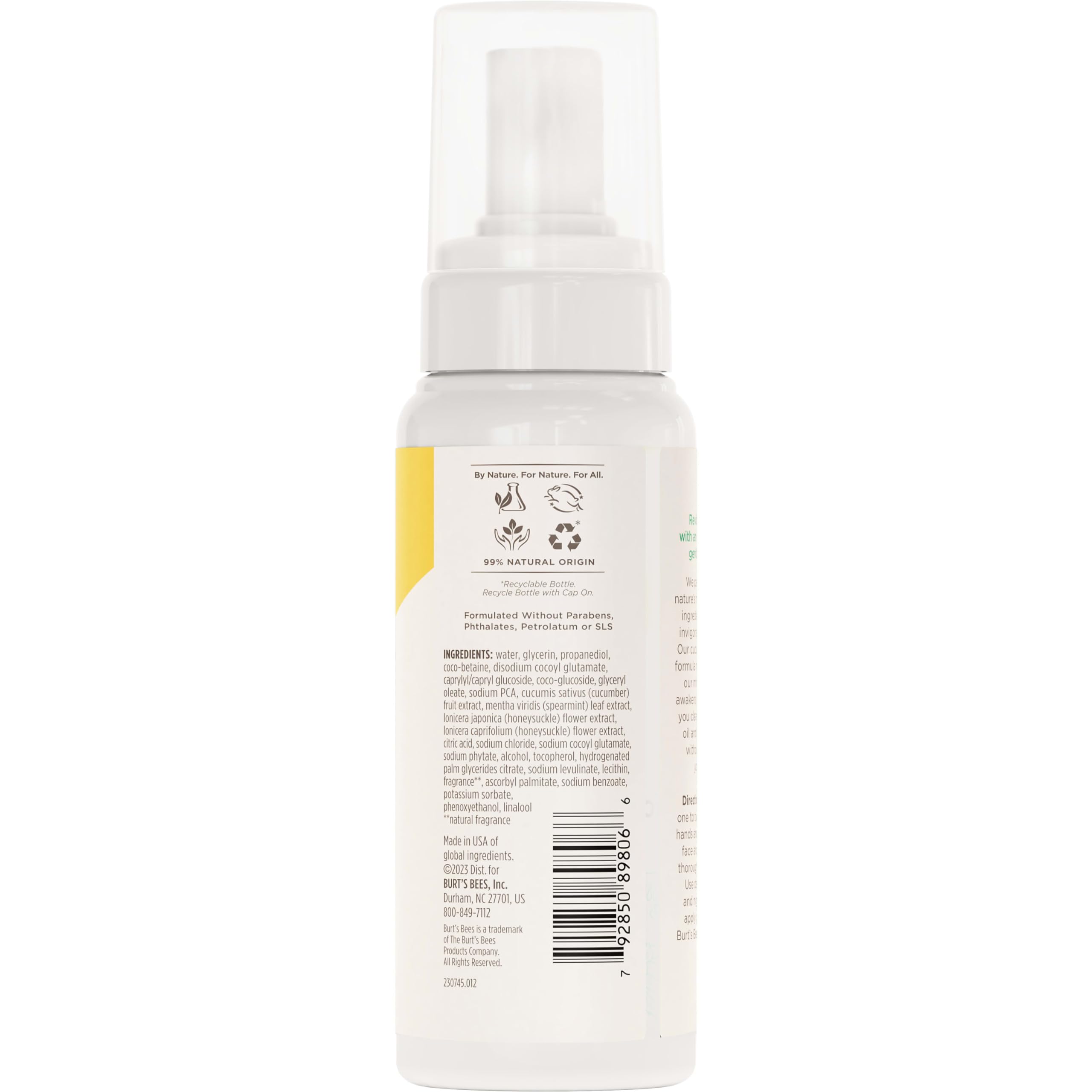 Burt's Bees Refreshing Foaming Face Cleanser and Face Wash with Cucumber and Mint, 4.8 Fluid