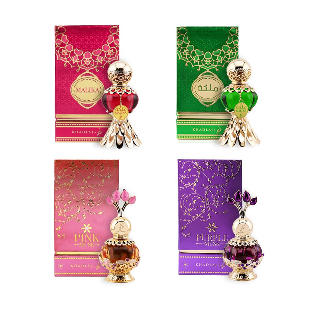 Khadlaj Malika Collection for Women 4 Pc Perfume Oil Set (Red + Green + Pink Musk + Purple Musk) 0.67 Ounce × 4