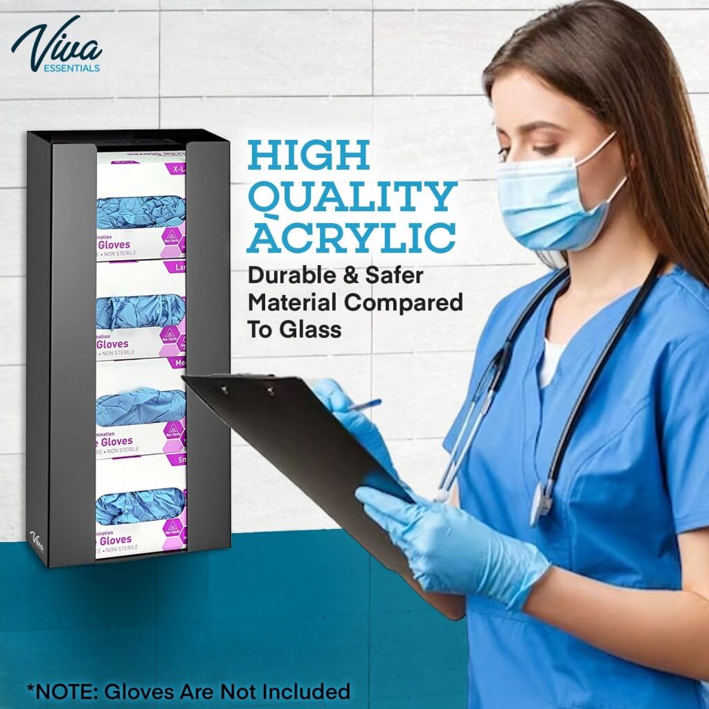 AdirMed VivaEssentials Quad Glove Box Holder, Wall Mount or Free Standing Black Acrylic Glove Holder