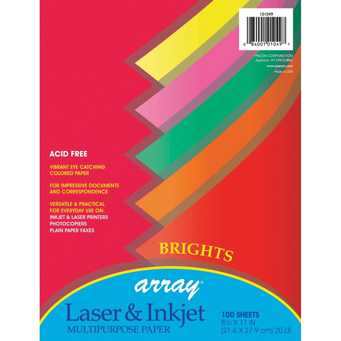 Pacon Bright Multi-Purpose Paper, 5 Assorted Colors, 20 lb., 8-1/2" x 11", 100 Sheets