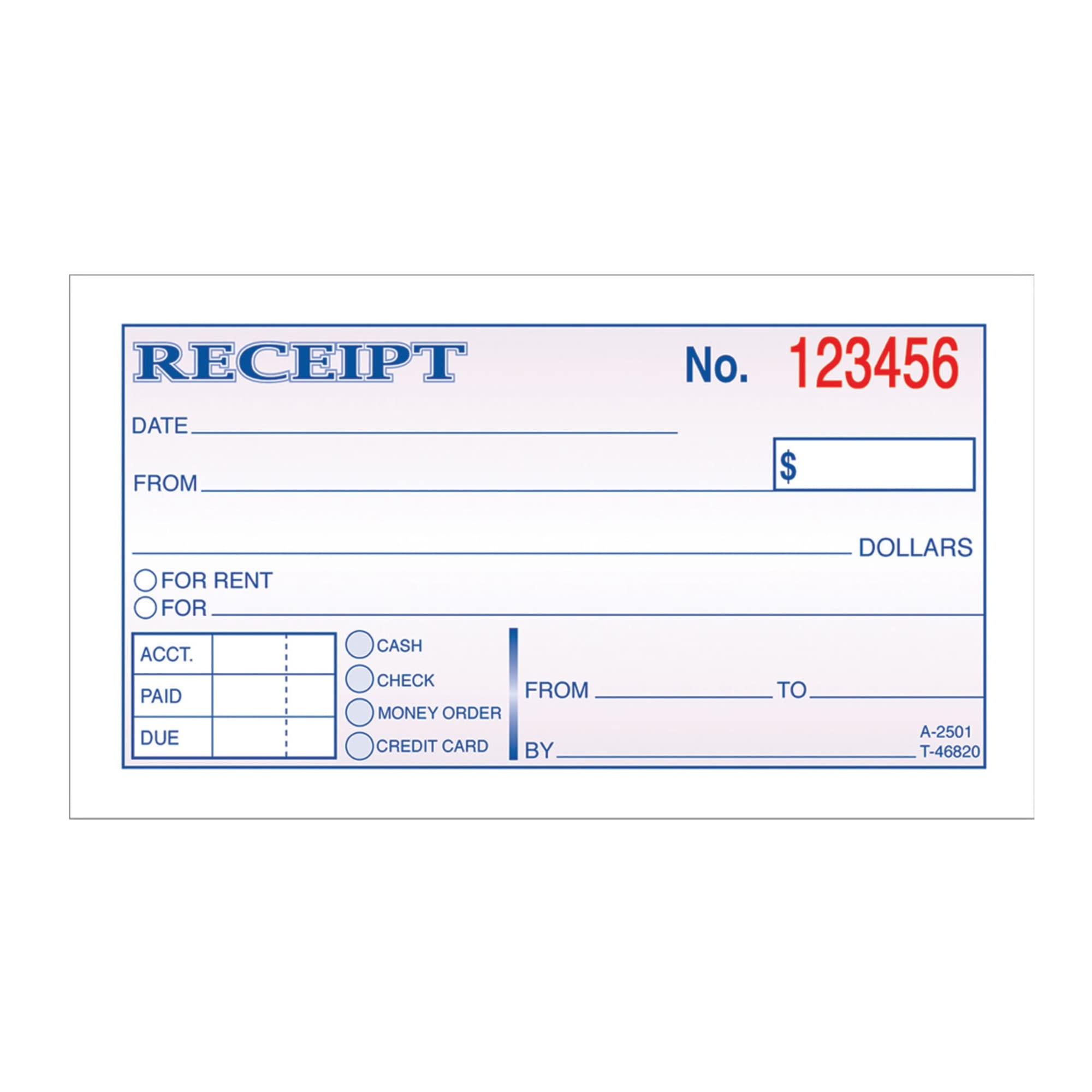 Adams Money and Rent Receipt, 2-3/4 x 5-3/8 Inches, 2-Parts, Carbonless, White/Canary, 50 Sets per Book (DC2501)