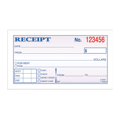 Adams Money and Rent Receipt, 2-3/4 x 5-3/8 Inches, 2-Parts, Carbonless, White/Canary, 50 Sets per Book (DC2501)