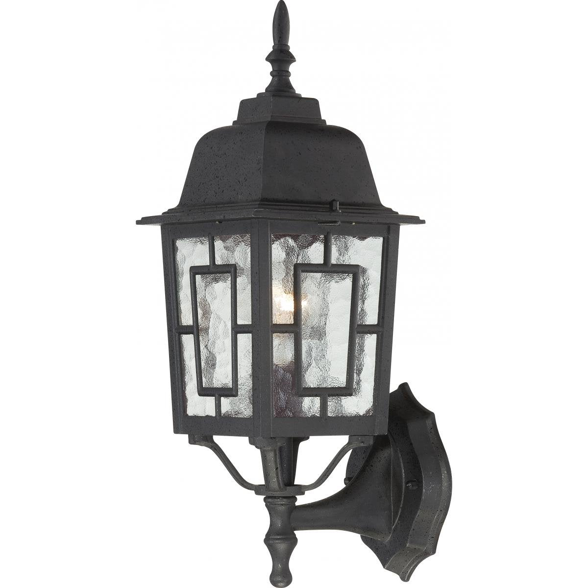 Nuvo Lighting 60/4926 Banyon One Light Wall Lantern/Arm Up 100 Watt A19 Max. Clear Water Glass Textured Black Outdoor Fixture