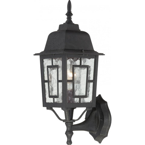 Nuvo Lighting 60/4926 Banyon One Light Wall Lantern/Arm Up 100 Watt A19 Max. Clear Water Glass Textured Black Outdoor Fixture