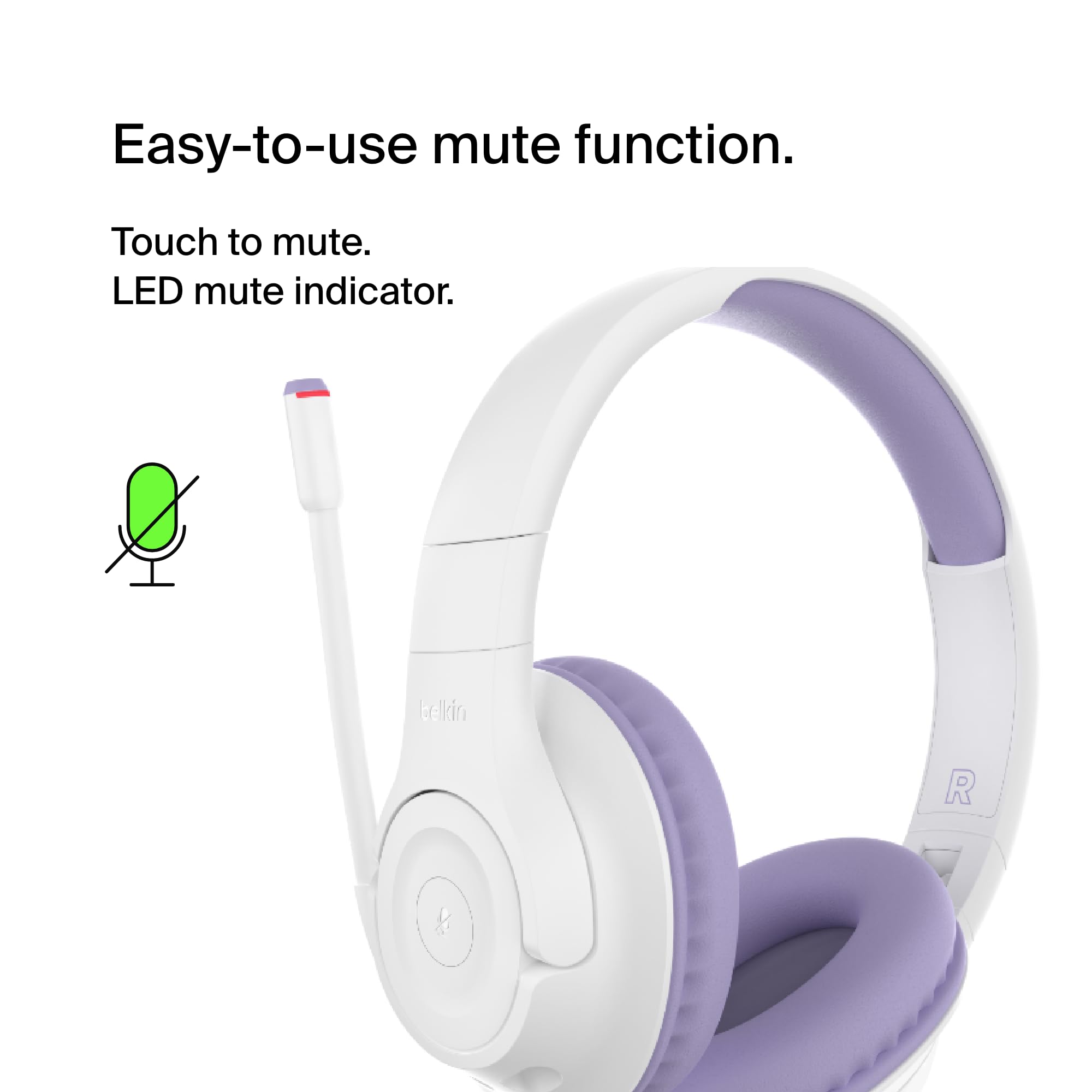 Belkin SoundForm Inspire Wireless Over-Ear Headset for Kids, Online Learning & Travel w/Built-in Microphone, 85dB Safe Volume Limit, 35H Battery - Compatible w/iPhone, iPad, Galaxy & More - Lavender