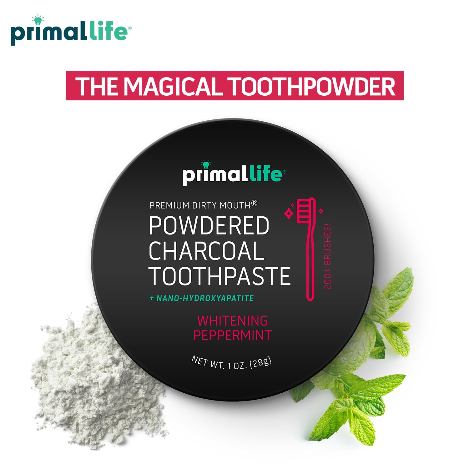 Primal Life Organics - Dirty Mouth Toothpowder, Activated Charcoal Tooth Cleaning Powder, Essential Oils with Kaolin & Bentonite Clay, Good for 200+ Brushings, Organic, Vegan (Black Peppermint, 1 oz)