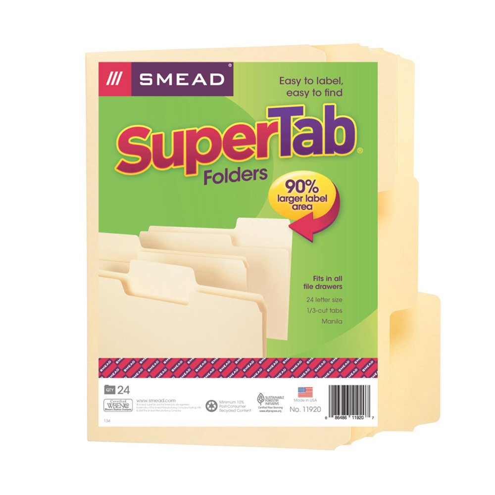 Smead SuperTab File Folder, Oversized 1/3-Cut Tab, Letter Size, Manila, 24 Per Pack (11920)