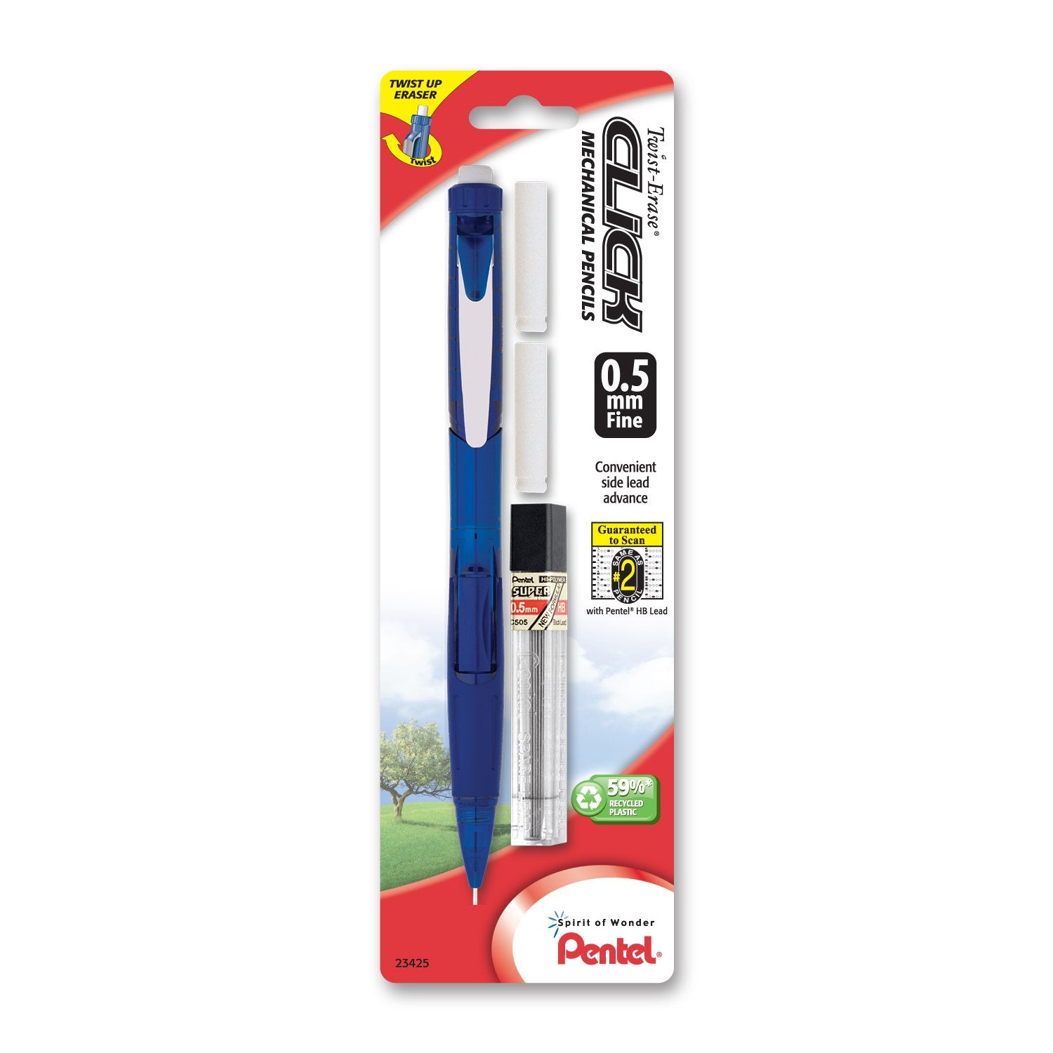 Pentel Twist Erase CLICK Automatic Pencil with 2 Eraser Refills and Lead, 0.5mm, Assorted Barrels, Color May Vary, 1 Pack (PD275TLEBP), Assorted Colors