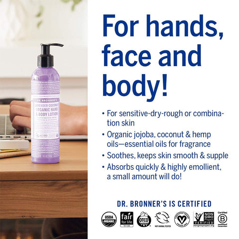 Dr. Bronner's Organic Lotion (Lavender Coconut, 8 Ounce) - Organic Moisturizer for Hands, Face & Body- Vegan, Non-GMO