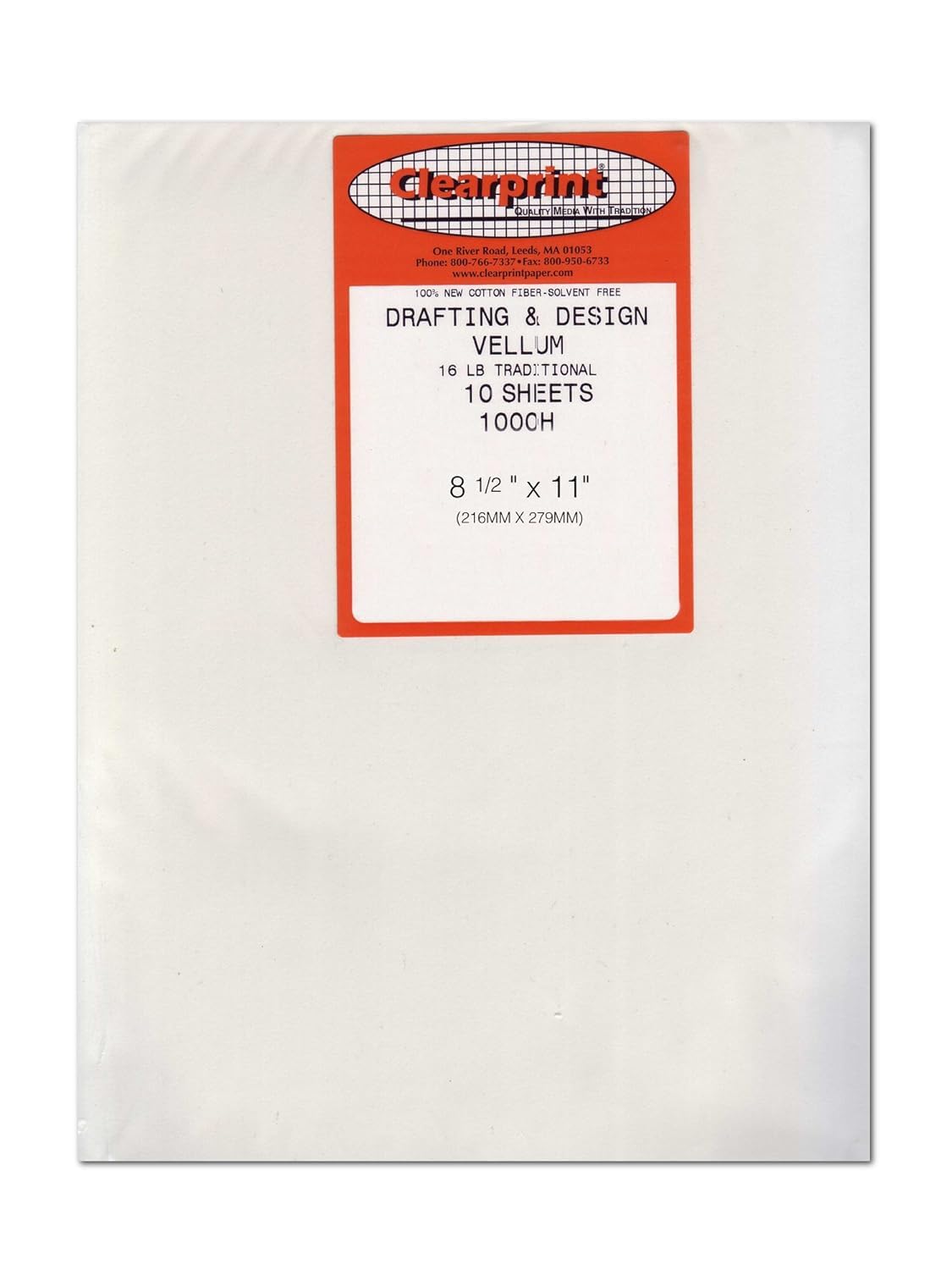 Clearprint 8-1/2" x 11" 1000H Design Vellum Sheets, 16 lb., 100% Cotton, 10 Sheets Per Pack, 1 Each