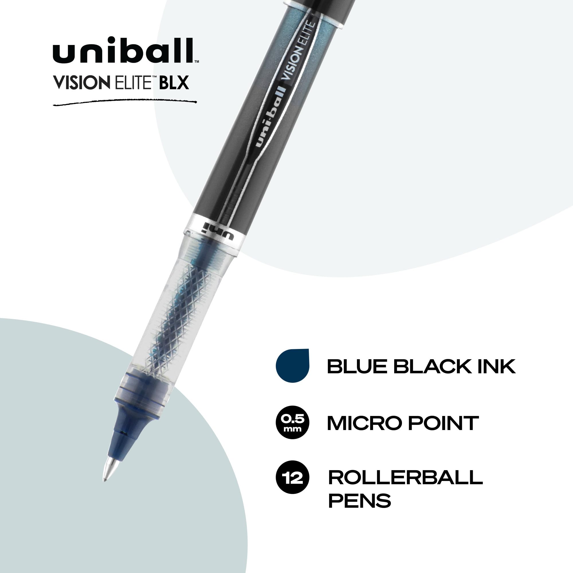 uniball Vision Elite BLX Rollerball Pens, Micro Point (0.5mm), Blue BLX Ink, 12 Pack