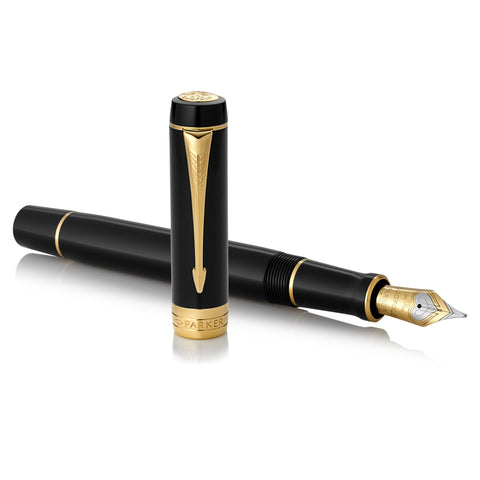 PARKER Duofold Centennial Fountain Pen, Classic Black with Gold Trim, Fine Solid Gold Nib, Black Ink and Convertor (1931381)