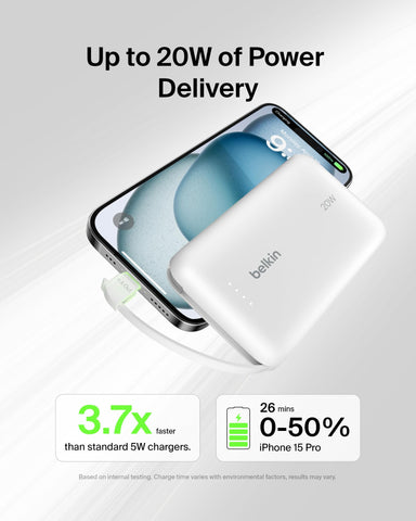 Belkin Portable Charger Power Bank USB C, 10000 mAh w/Integrated Cable, 20W Fast Charge USB-C Power Delivery, iPhone Charger, Apple iPhone 17, Air, Pro, Pro Max, iPad, Samsung Galaxy S25 - White