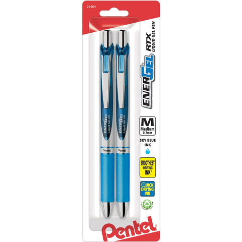 Pentel EnerGel Deluxe RTX Retractable Liquid Gel Pen, Medium Line, Metal Tip, Sky Blue Ink, 2 Pack (BL77BP2S)