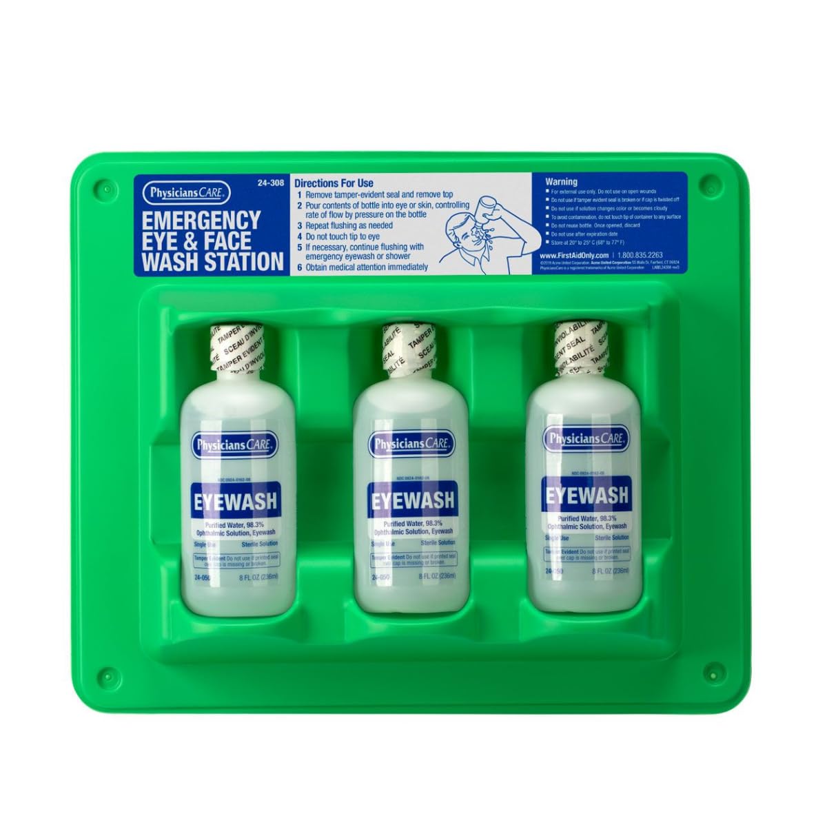 PhysiciansCare Wall-Mountable Eyewash Station with 3 Screw-Cap Bottles of Eye Wash Solution, 8 oz Each