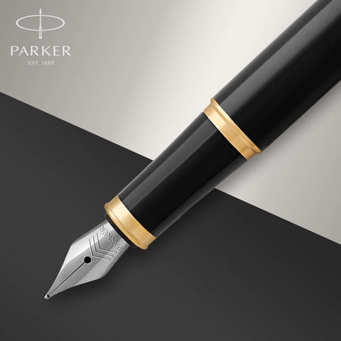 Parker IM Fountain Pen, Black Lacquer Gold Trim, Medium Nib with Blue Ink Refill, Gift Box (1931652)