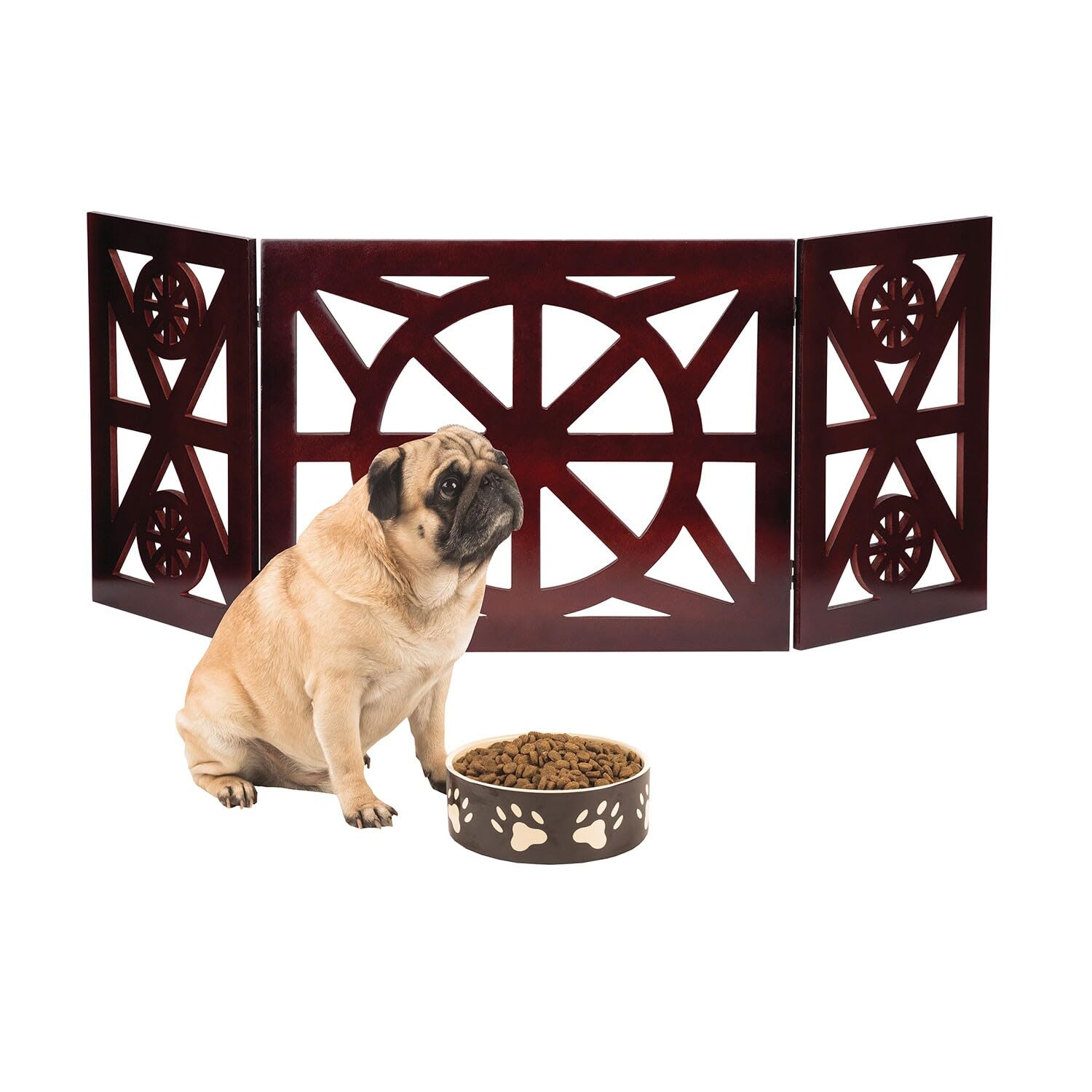 Etna 3 Panel Dog Gate - Trifold Wagon Wheel, Freestanding, Lightweight Foldable, Mahogany Wood, Brown, 48" W x 19" H
