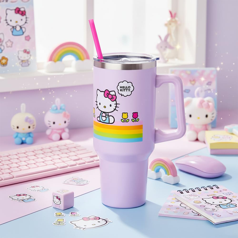 Silver Buffalo Sanrio Hello Kitty Spring and Summer Flowers Rainbow Stripes Double Walled Stainless Steel Tumbler with Handle and Straw, Fits in Standard Cup Holder, 40 Ounces