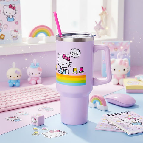Silver Buffalo Sanrio Hello Kitty Spring and Summer Flowers Rainbow Stripes Double Walled Stainless Steel Tumbler with Handle and Straw, Fits in Standard Cup Holder, 40 Ounces