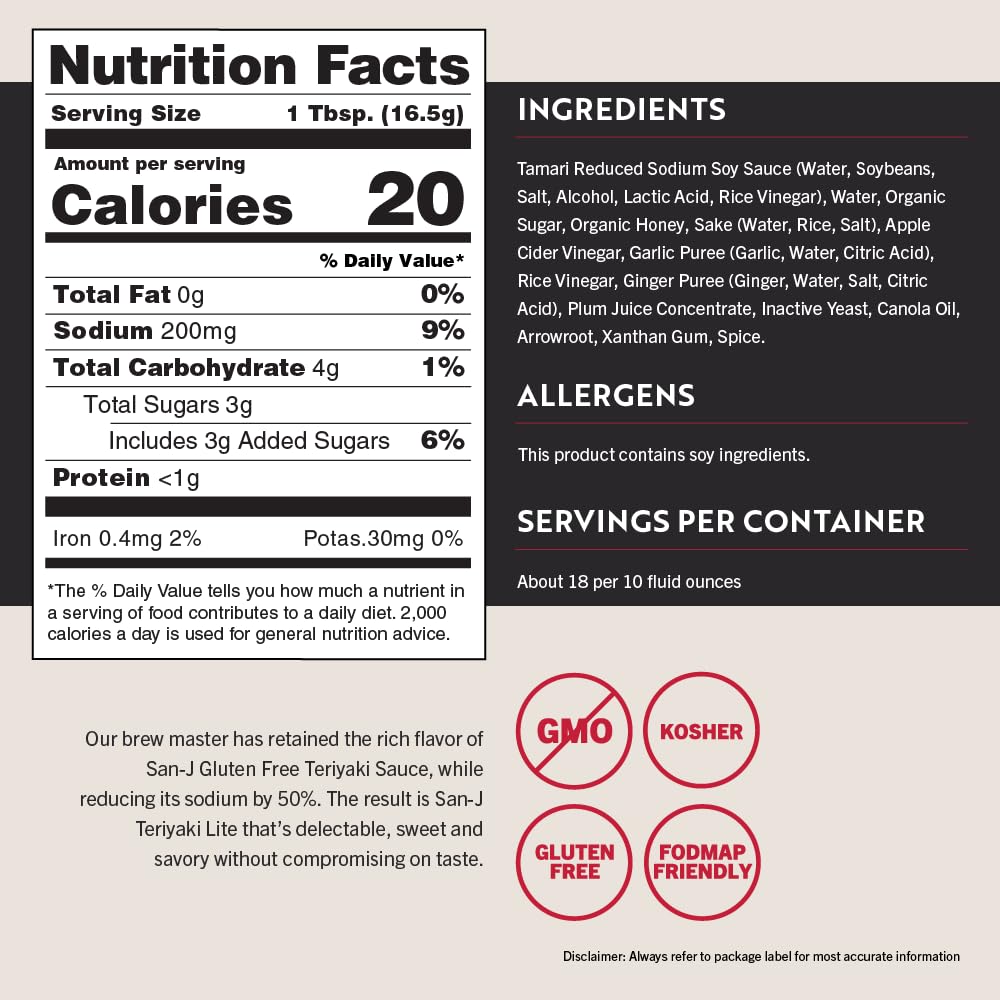 San-J - Gluten Free LITE Teriyaki Sauce with 50% Less Sodium - Well-balanced Sauce for Cooking - NON-GMO - 10 oz. Bottle
