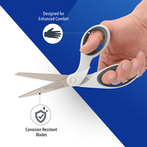 Westcott 8" Bent Craft Scissors with Titanium-Bonded Blades for Heavy-Duty Use (White or Blue, Colors May Vary)