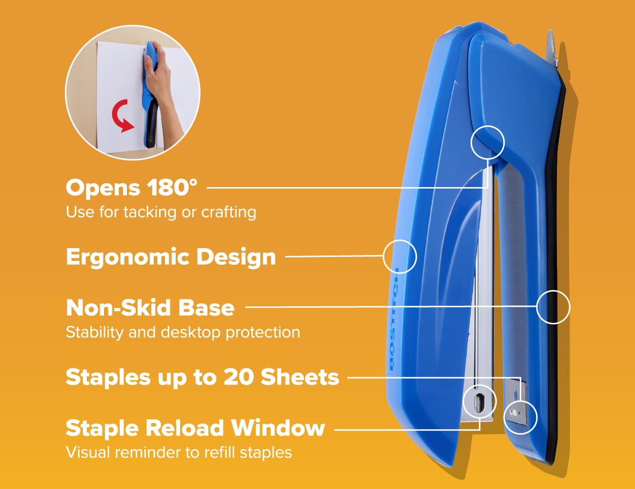 Bostitch Office Ascend 3 in 1 Stapler Value Pack, 20 Sheet Capacity, Includes 5000 Staples, Integrated Remover & and Extra Staple Remover, Staple Storage Compartment, Assorted Colors (Colors May Vary)