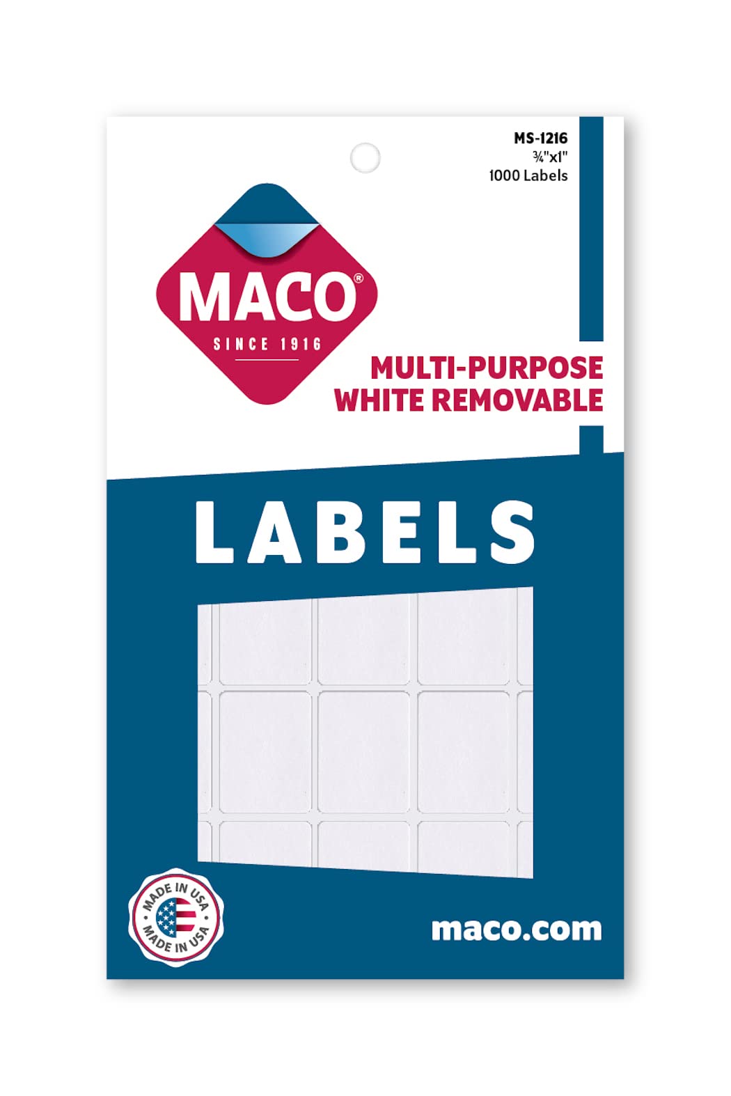 MACO White Rectangular Multi-Purpose Labels, 3/4 x 1 Inches, 1000 Per Box (MS-1216)