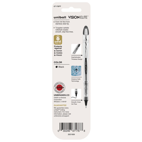 uniball Vision Elite Rollerball Pens, Bold Point (0.8mm), Black, 2 Pack