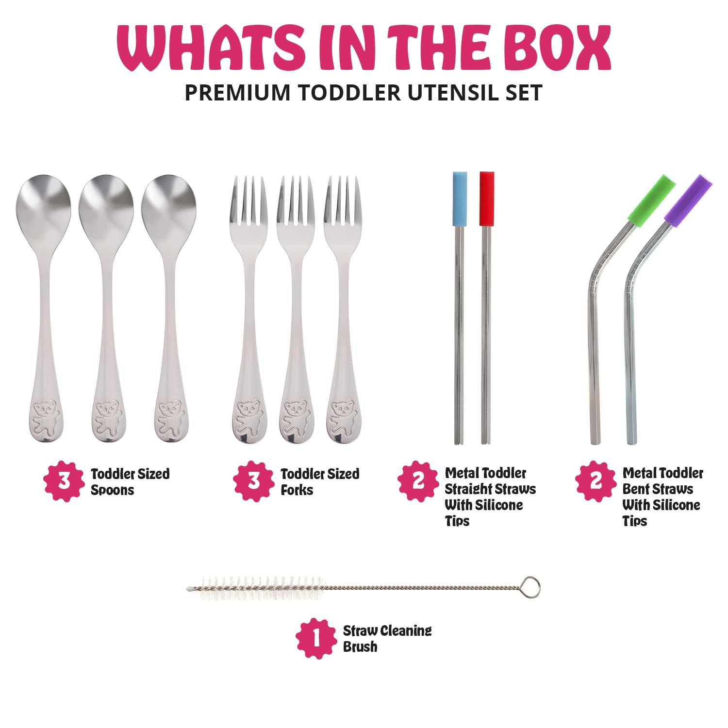 15-Piece Silverware Set - Stainless Steel Toddler Kids Utensils, 3 Forks, 3 Spoons, 4 Straws with Silicone Tips and Brush