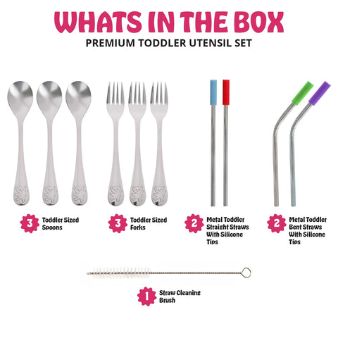 15-Piece Silverware Set - Stainless Steel Toddler Kids Utensils, 3 Forks, 3 Spoons, 4 Straws with Silicone Tips and Brush