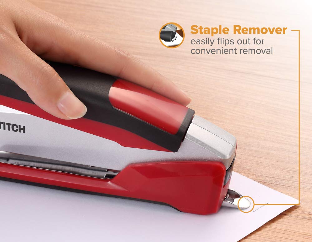 Bostitch Office InPower Spring-Powered Premium Desktop Stapler - One Finger, No Effort, Red/Silver (1117)