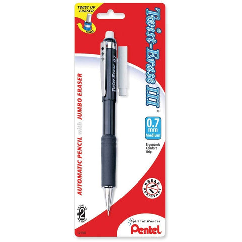 Pentel Twist-Erase III Automatic Pencil with 1 Eraser Refill, 0.7mm, Assorted Barrels, 1 Pack (QE517BP-K6) (Pack of 1)
