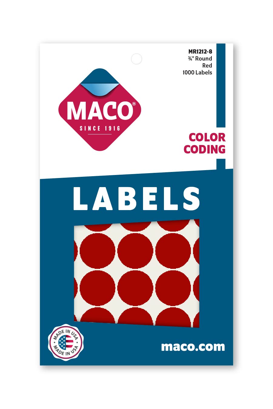 MACO Red Round Color Coding Labels, 3/4 Inches in Diameter, 1000 Per Box (MR1212-8)