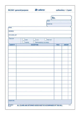 Adams General Purpose Unit Sets, 5.67 x 8.5 Inches, 2-Part, Carbonless, White/Canary, 100 Sets per Pack (NC2581)
