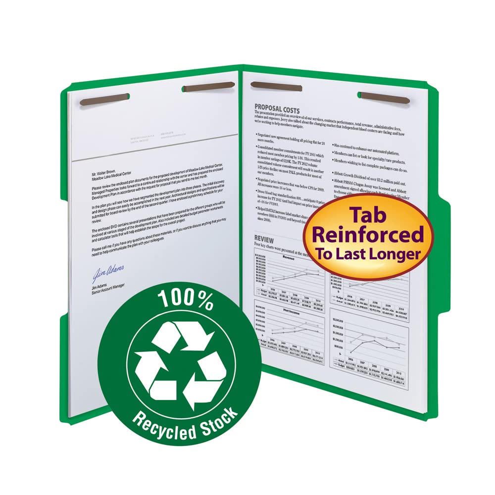 Smead 100% Recycled Fastener File Folder, 2 Fasteners, Reinforced 1/3-Cut Tab, Letter Size, Green, 50 per Box (12141)
