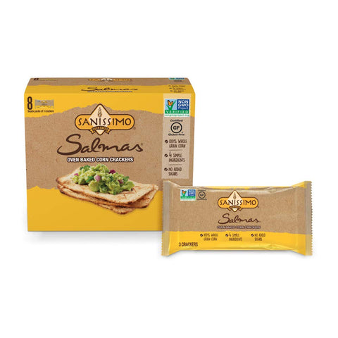 Sanissimo Salmas Oven Baked Corn Crackers, 100% Whole Grain Corn, Gluten Free, Non-GMO Project Verified, 8 Individually Wrapped Snack Packs (3 Crackers Each)
