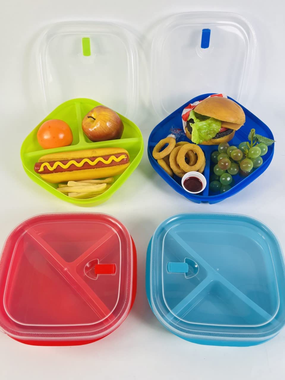 Set of 4 - Microwave Food Storage Containers, Meal Prep Box, Bento Boxes - 3 Section/Compartment Divided Plates w/Vented Lid BPA Free