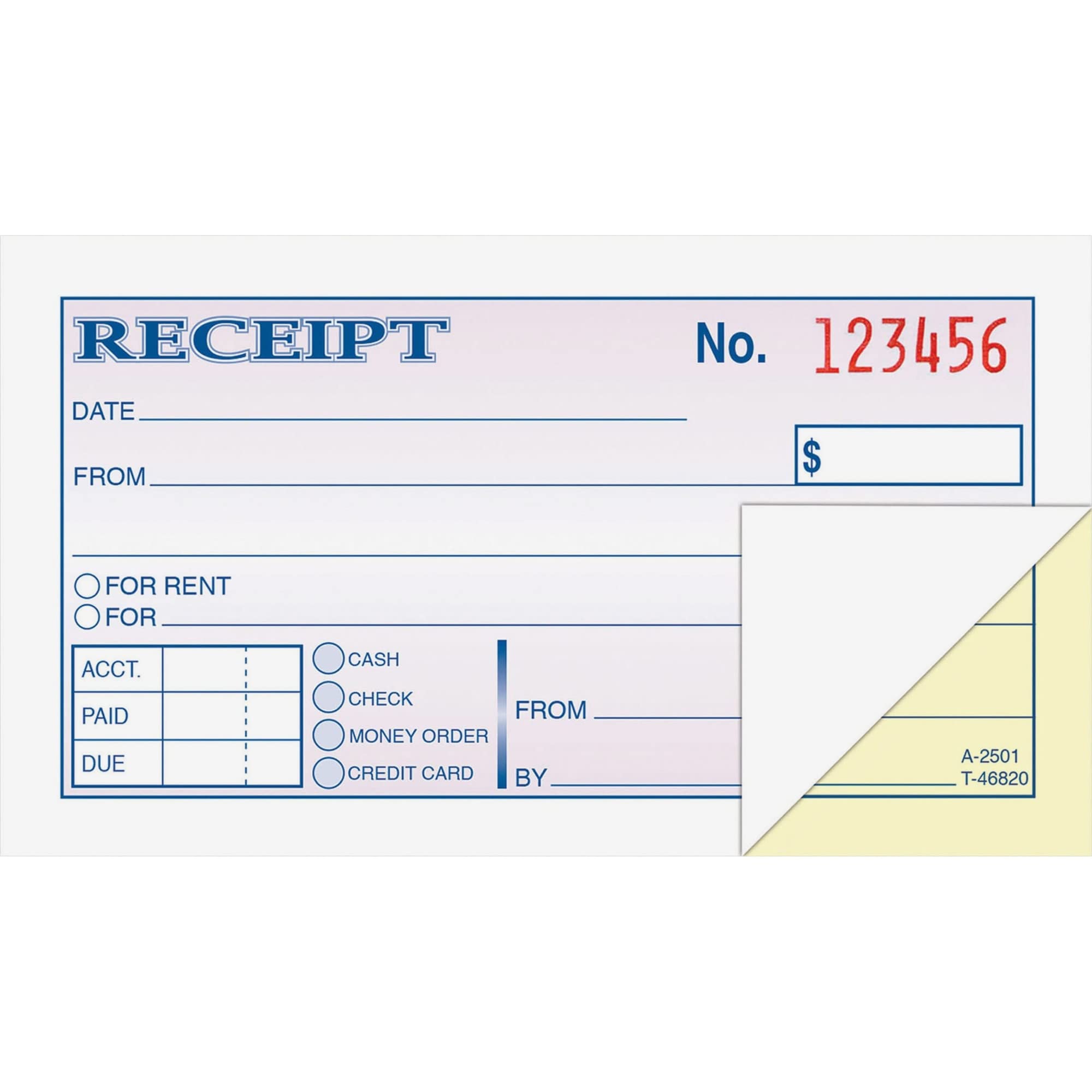 Adams Money and Rent Receipt, 2-3/4 x 5-3/8 Inches, 2-Parts, Carbonless, White/Canary, 50 Sets per Book (DC2501)