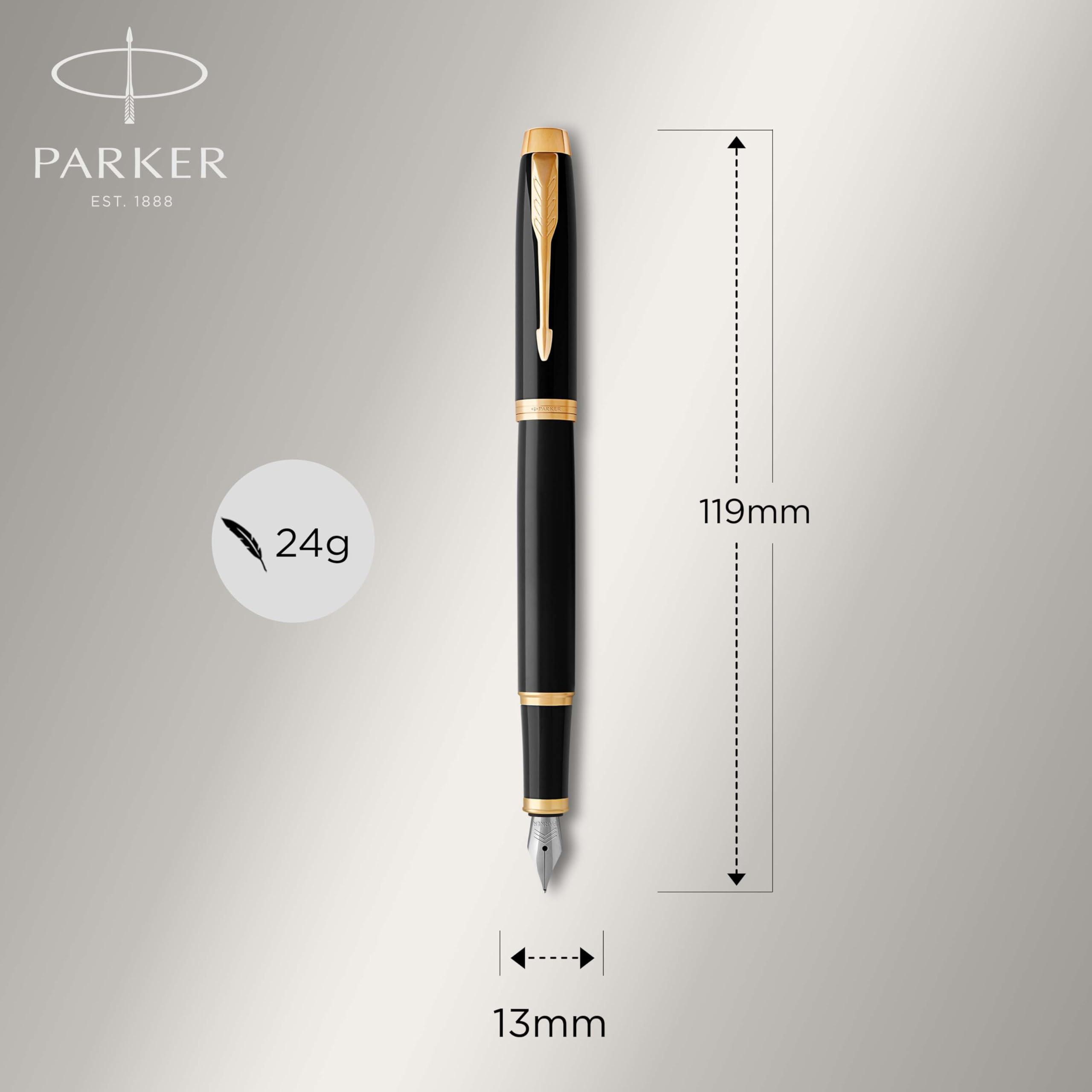 Parker IM Fountain Pen, Black Lacquer Gold Trim, Medium Nib with Blue Ink Refill, Gift Box (1931652)