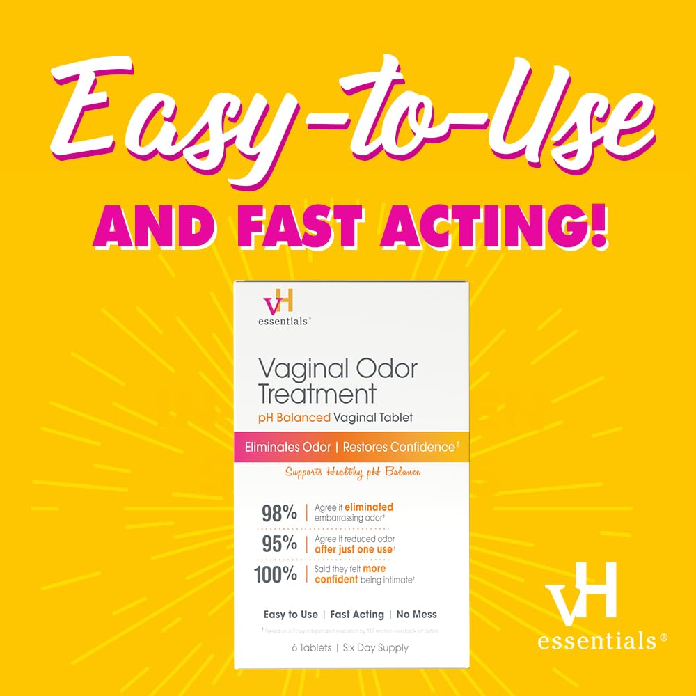 vH essentials Vaginal Odor Treatment - pH Balanced Vaginal Suppositories - 6 Tablets With Applicator, White