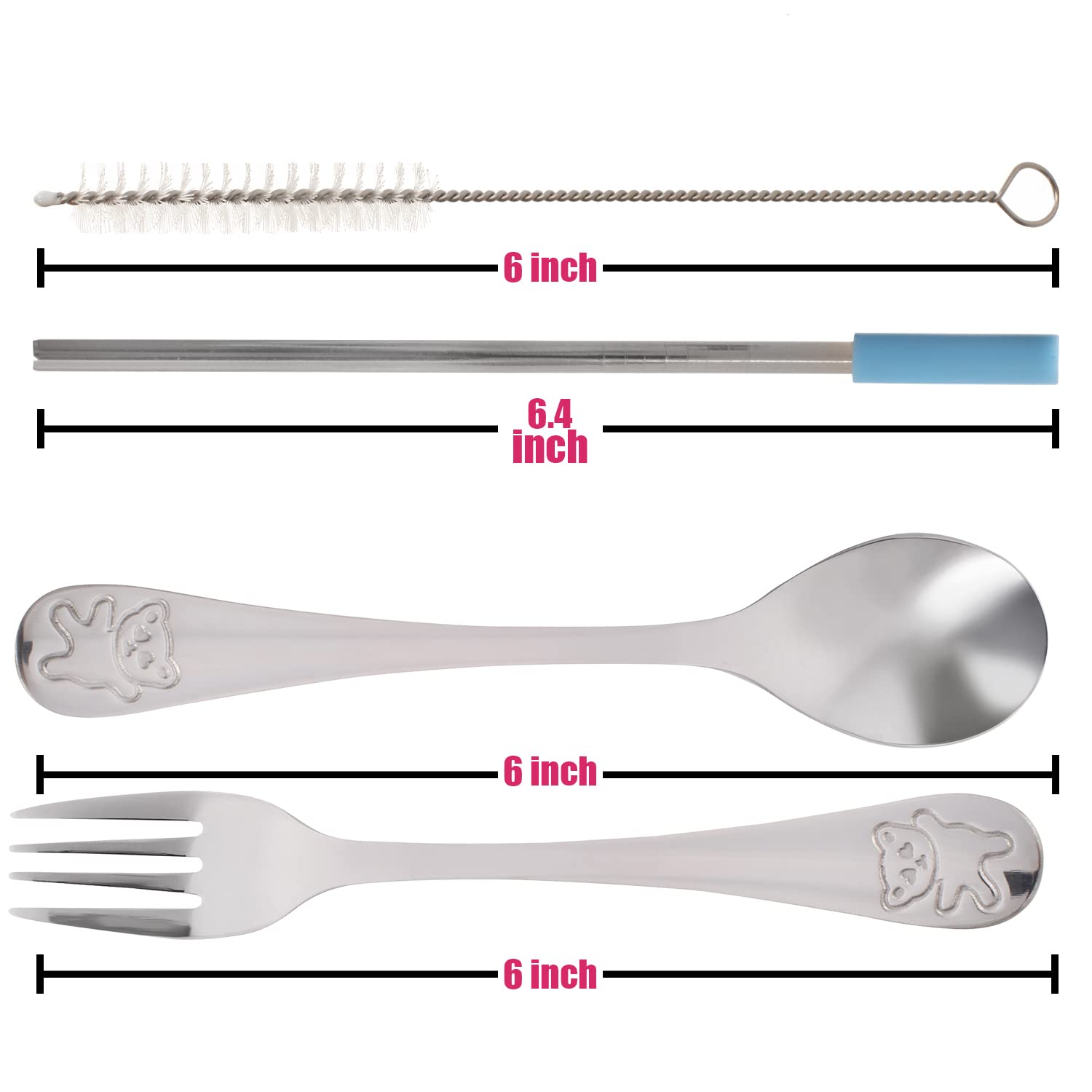 15-Piece Silverware Set - Stainless Steel Toddler Kids Utensils, 3 Forks, 3 Spoons, 4 Straws with Silicone Tips and Brush