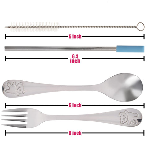 15-Piece Silverware Set - Stainless Steel Toddler Kids Utensils, 3 Forks, 3 Spoons, 4 Straws with Silicone Tips and Brush