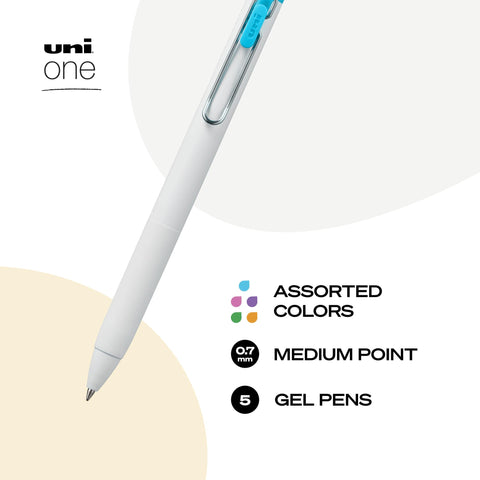 uniball one Retractable Gel Pens, Medium Point (0.7mm), Assorted Ink, 5 Pack