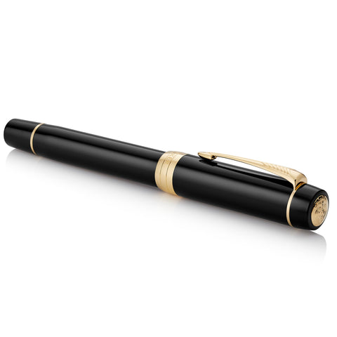PARKER Duofold Centennial Fountain Pen, Classic Black with Gold Trim, Fine Solid Gold Nib, Black Ink and Convertor (1931381)