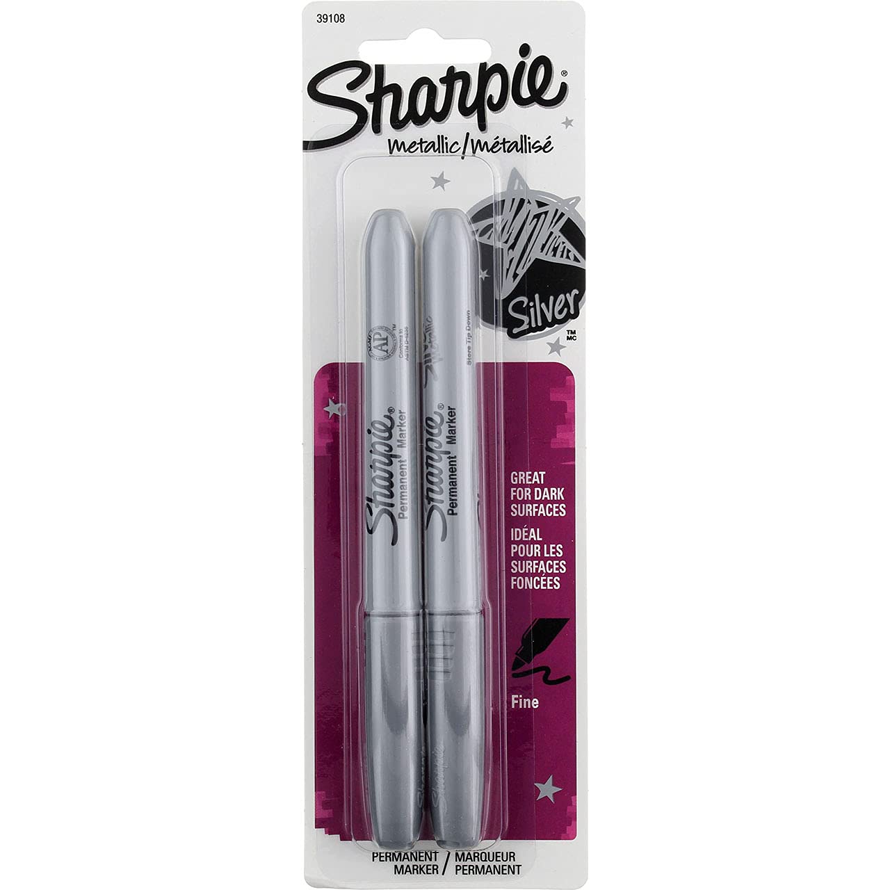 SHARPIE Metallic Permanent Markers, Fine Point, Silver, 2 Count