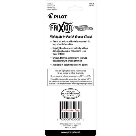 Pilot, FriXion Light Pastel Erasable Highlighters, Chisel Tip, Pack of 3, Pastel Yellow, Green & Purple