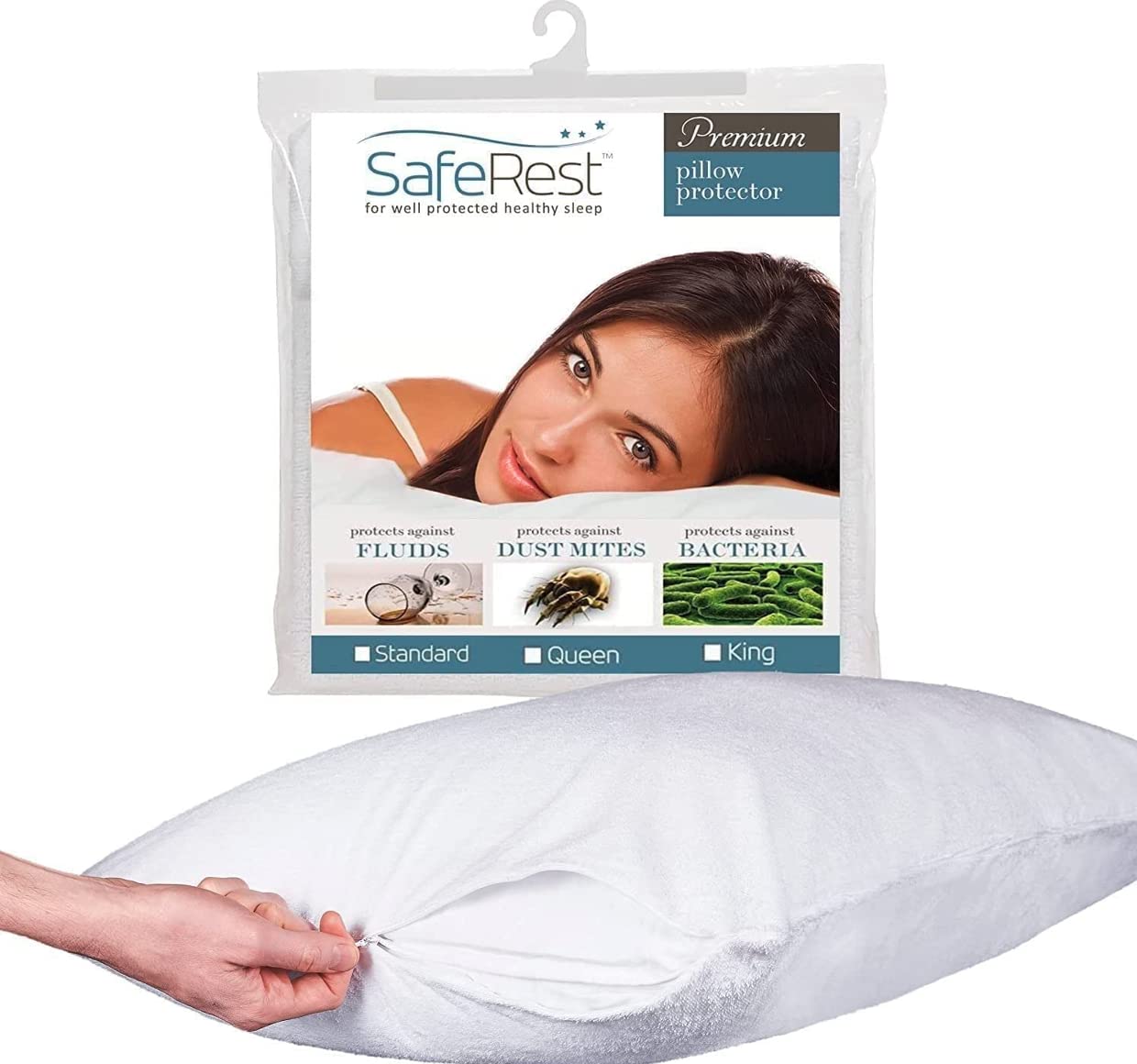 SafeRest Pillow Protector - Pack of 1 - Standard Size Waterproof Pillow Cover - Zippered Pillow Encasement for College Dorm Room, New Home - Cotton Terry, Waterproof, Breathable (1, King)