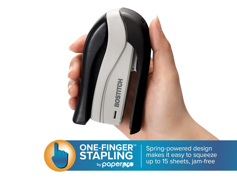 Bostitch Office inSHAPE Compact Stapler, 15 Sheet Capacity, One Finger, No Effort, Spring Powered, Black/Gray