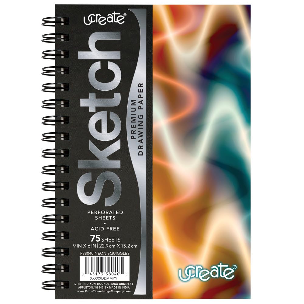 UCreate Fashion Poly Sketch Book, Neon Squiggles, 6" x 9", 1 Count