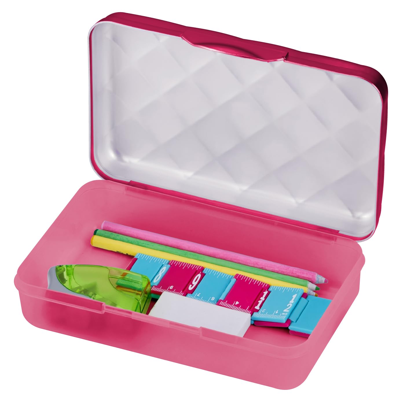 It's Academic Metallic Pencil Case Box, Hard Plastic, Stylish Quilted-Pattern Lid, Pink